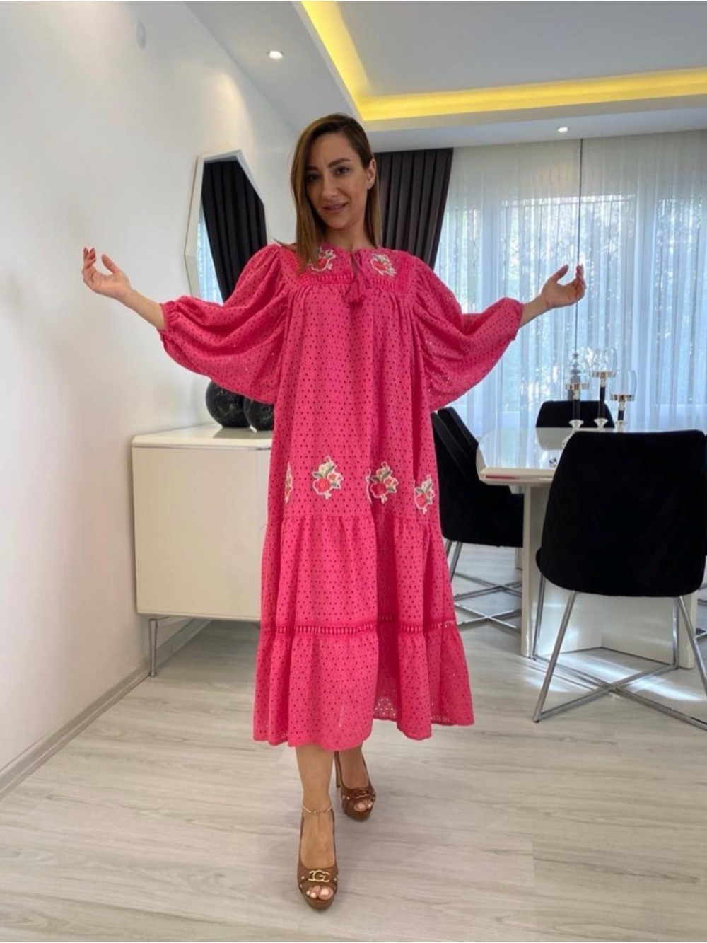 Bright Pink Embroidered Balloon-Sleeve Midi Dress